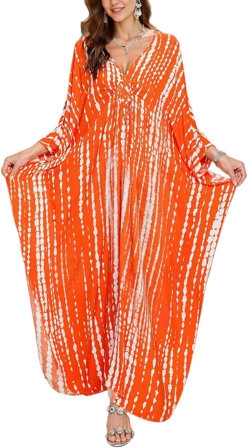 IMAGEKOPE Women's Plus Size Animal Print V-Neck Batwing Kaftan Beach Dress Bathing Suit Cover-Up Loungewear - Image 1